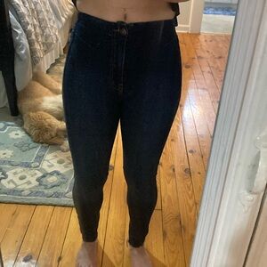Free people, dark wash, high rise jeans with stitched details